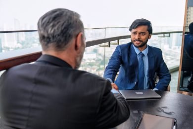 Chief executive officer with secretary meet up with business man at the rooftop balcony discuss on business investment